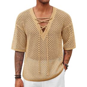 Runcati Mens Lace Up Beach Shirts Hollow Out V Neck Half Sleeve T Shirts Knit Crochet See Through Summer Tops