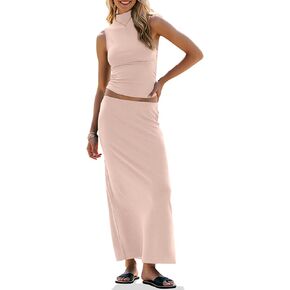UEU Women Two Piece Skirt Set Summer Outfits Sexy Trendy Crop Sleeveless Tank Top High Waist Bodycon Maxi Long Dress in Kuwait