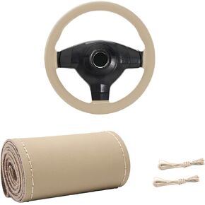 Genuine Leather Steering Wheel Cover, Stitch On Wrap for Steering Wheel up to Diameter 15 Inches, DIY Sewing Steering Wheel Protector, Car Accessories (Beige, Glossy)