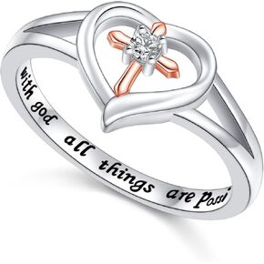 Alphm S925 Sterling Silver Heart Cross Inspirational Faith Bible Verse Christian Rings for Women Jewelry Teen