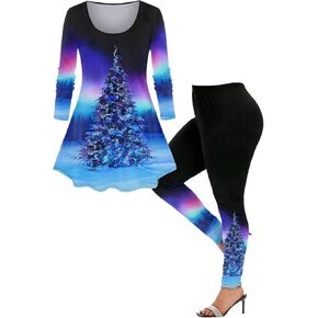 ROSE GAL Women Plus Size Two Piece Christmas Outfits Long Sleeve T-shirt and Leggings Matching Lounge Set 2 Piece Xmas Set