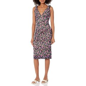 Dress the Population Women's Mary Shoulder Bow Tie Plunge Neckline Bodycon Midi Dress