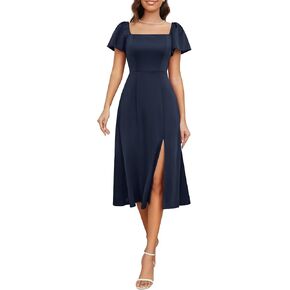 MUADRESS Women Midi Church Formal High Waist Wedding Guest Dresses A Line Dress Modest Short Puff Sleeve Party Dress