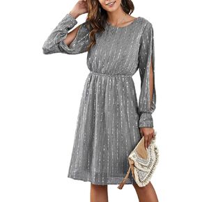 Women's Fashion Split Long Sleeve Shine Sequin Crew Neck Elastic Waistline Hollow Out Midi Party Dresses