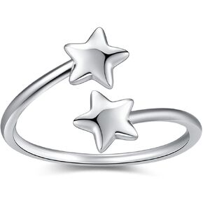 Double Cute Five Pointed Star Adjustable Open Rings, Silver Plated