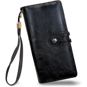 FuninCrea Women Wallets Large Capacity Ladies Purse with Removable Wrist Strap and ID Window, Womens Purse Card Wallet PU Leather Long Ladies Wallet with and 2 Compartments (Brown)