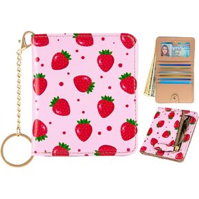 Wallet Women Small Cute,Slim Bifold Credit Card Holder, Compact RFID Blocking Cash Wallet,Billfolds Thin Leather Zipper Pocket,Mini Wallet for Ladies Teen Girls Travel (Strawberry Cherry)