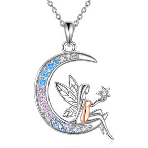 LUHE Fairy Necklace for Women Sterling Silver Fairy Jewelry Pendant Moon Necklace Gift for Women