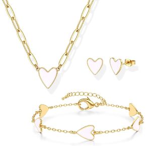 ORAZIO Jewelry Set for Women,Hypoallergenic 14K Gold Plated Pink/Black/Blue/White Heart Jewelry Set Trendy Heart Pendant Necklace Heart Charm Bracelet Cute Heart Earring Studs Dainty Women's Jewelry Sets Gift