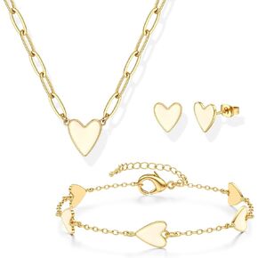 ORAZIO Jewelry Set for Women,Hypoallergenic 14K Gold Plated Pink/Black/Blue/White Heart Jewelry Set Trendy Heart Pendant Necklace Heart Charm Bracelet Cute Heart Earring Studs Dainty Women's Jewelry Sets Gift in Kuwait