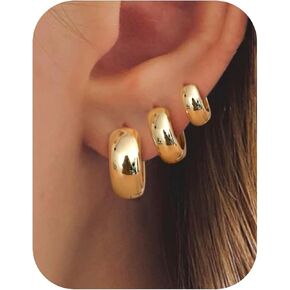 3 Pairs Chunky Gold Hoop Earrings for Women Trendy Hypoallergenic Earrings for Sensitive Ears 14k Gold Plated Earrings Set for Multiple Piercing Dainty Silver Jewelry Small Thick Huggie Earring Stack