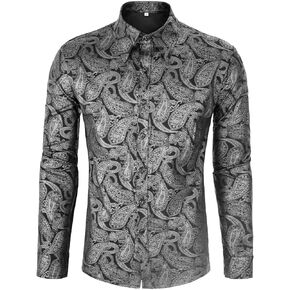 Men's Luxury Matte Metallic Dress Shirt 70s Disco Paisley Long Sleeved Button up Shirt Floral Party Prom Wedding Shirt