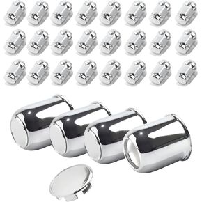 4-Pack Trailer Push Through Center Caps and Trailer Wheel Lug Sets - 3.19in Wheel Center Caps Chrome Carbon Steel Hub Cover with 24 Capped Carbon Steel Lug Nuts for Truck RV