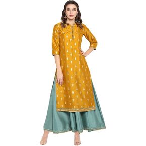 Janasya Indian Women's Mustard Foil Printed Poly Silk Ethnic Dress