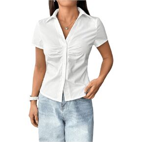 SweatyRocks Women's Ruched Button Up Blouses Collar V Neck Short Sleeve Work Shirts