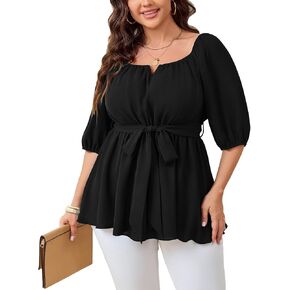 Women's Plus Size Square Neck Peplum Blouses Dressy Tops 3/4 Puff Sleeve Empire Waist Tie Ruffle Hem Babydoll Top