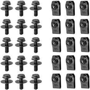 30 PCS 6MM Engine Under Cover Body Bolts & U-Nut Clips, Splash Shield Guard Body Bolts Bumper Fender Fastener Rivet Clips and Extruded U-Nuts, Black