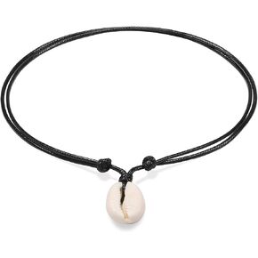 Premium Black Leather Cord Choker Necklace Double Knotted Adjustable Natural Cowrie Shell Necklace for Women Men