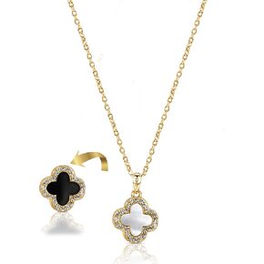 Double-Sided Clover Necklace, S925 Sterling Silver with Shell and Zirconia, 18K Gold Plated, 40+5cm Chain