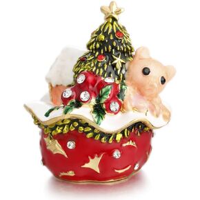 Hand Painted Enamel Trinket Box, Hinged Jewelry Organizer Mini Ring Earrings Storage, Unique Home Decor Figurine Keepsake Collectible, Personalized Elegant Handmade Ornament (Red Christmas House)