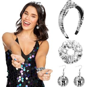 3 Pcs Disco Accessories Set Disco Ball Earrings Disco Metallic Sequin Hair Scrunchies Disco Silver Headband for Retro Last Disco Bachelorette 70s 80s 90s Disco Party Bridal Shower New Year Accessories