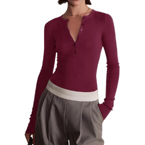 Women's 2024 Trendy Basic Fall Shirts Long Sleeve Slim Fit Henley Casual Button Ribbed Knit Tops