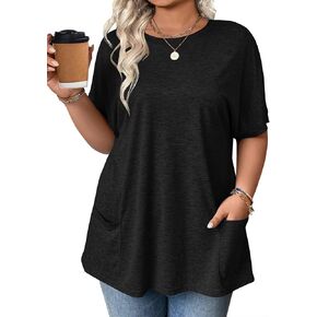 IN'VOLAND Women Plus Size Tops Short Sleeve Casual Shirts Crew Neck Summer Tunic Solid Loose Blouses with Pockets
