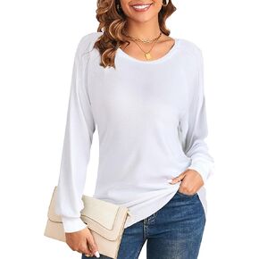 VOBCTY Women Long Sleeve Shirts Crew Neck Basic Tops Pleated Fall Tunic Tee Blouses