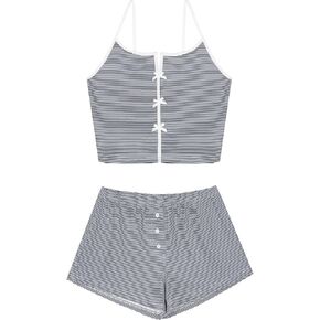 Remidoo Women's Lace Trim Cami Crop Top and Shorts Pajama Set Ribbed Sleepwear