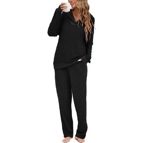 Famulily Womens 2 Piece Ribbed Knit Set Shawl Collar Long Sleeve Top and Pockets Pant Matching Lounge Sets