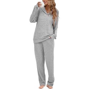 Famulily Womens 2 Piece Ribbed Knit Set Shawl Collar Long Sleeve Top and Pockets Pant Matching Lounge Sets