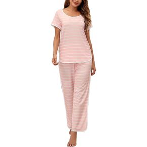 Striped Pajama Set for Women 2 Piece Nightwear Short Sleeve Sleepwear Loungewear Pjs Sets