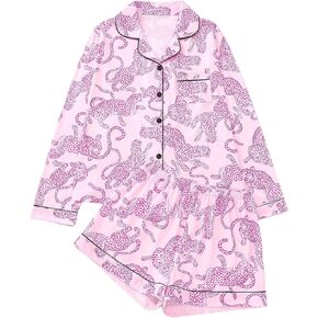 WDIRARA Women's 2 Piece Leopard Print Pajama Set Button Down Long Sleeve Shirt and Lounge Shorts Sleepwear
