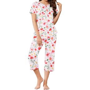 Ekouaer Women's Pajama Sets Short Sleeve Sleepwear Cute Tops and Capri Pants Pjs 2 Piece Lounge Set with Pockets S-XXL