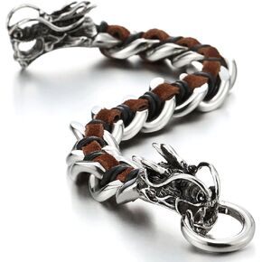 COOLSTEELANDBEYOND Stainless Steel Mens Dragon Curb Chain Bracelet Interwoven with Genuine Leather Strap
