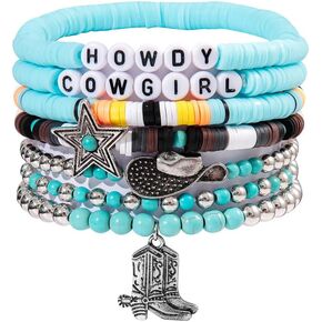 OIDIMS Cowgirl Howdy Surfer Heishi Clay Bead Bracelets Western Cowboy Boots Hat for Women Men Bohemian Stackable Silver Beaded Stretch Bracelets Elastic Layering Friendship Bracelets Set Boho Jewelry