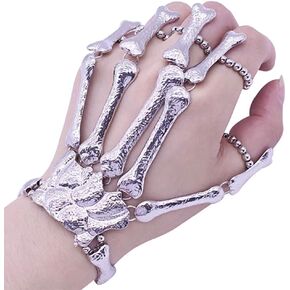 Cathercing Halloween Wristband Skull Fingers Metal Skeleton Hand Bracelet with Ring for Women and Men on Party(silver)