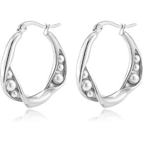Pearl Hoop Earrings for Women Pearl Earrings with Twisted 14K Gold Plated Hoops Hypoallergenic Elegant Jewelry Wedding Anniversary Birthday Christmas Gift