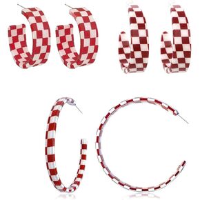coadipress 3 Pairs Checkerboard Hoop Earrings for Women Minimalist C Shaped Checkered Earrings Chunky Simple Colorful Checker Black White Grid Earrrings Lightweight 70s 80s 90s Party Jewelry