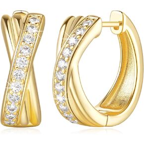 14K Gold Earrings for Women Thick Small Diamond Hoop Earrings X-shaped Gold Huggie Earrings Gold Hoop Earrings for Women Gold Hoop Earrings (19MM)