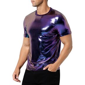 Arjen Kroos Men's Sexy Shiny Metallic T-Shirts Short Sleeve Sparkly Shirts Disco Holographic Tops