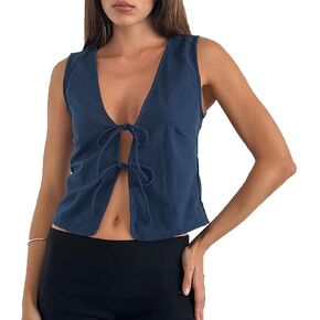 Women Trendy V Neck Bow Tie Front Top Vests Casual Solid Sleeveless Open Front Lace Up Cropped Tanks Y2k Outfits