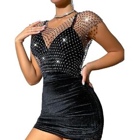 Fishnet Rhinestone Crop Top for Women, Black Sexy Mesh Diamond Hollow Out Crop Tops Festival Club Rave Outfit