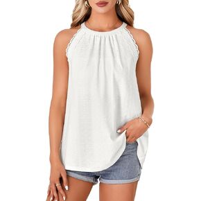 Rooscier Women's Halter Tank Top Pleated Sleeveless Loose Fit Cami Casual Eyelet Shirts