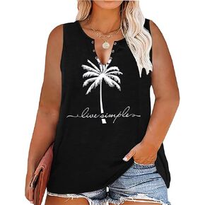Plus Size Summer Coconut Tree Tank Tops Women Ring Hole Beach Vacation Graphic Tanks Shirts Sleeveless V-Neck Shirt Tops