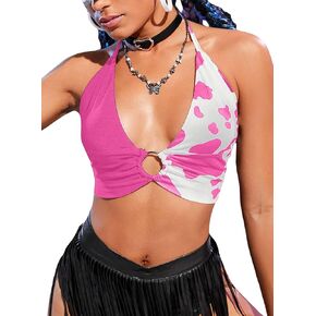Women Western Cowgirl Crop Top - Country Concert Outfits Sexy Deep V Neck Cow Print Festival Rodeo Rave Tank Shirt