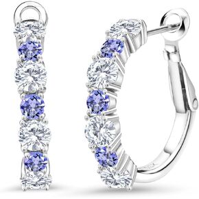 Gem Stone King 925 Sterling Silver White Moissanite and Blue Tanzanite Hoop Earrings For Women (2.74 Cttw, Gemstone Birthstone, Round 4MM and 3MM)
