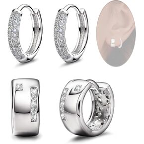 Silver Earrings Set for Women Trendy - 2 Pairs 14K White Gold Plated Tiny Cartilage Earrings Small Hoop Earrings Cubic Zirconia Huggie Earrings Lightweight Hollow Earrings Crystal Earrings Gifts
