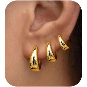 Gold Hoop Earrings for Women, Chunky Gold Hoops Set Lightweight, Hypoallergenic Gold Plated Thick Hoop Earrings Pack, Small Hoop Earrings Jewelry(3pair,Chunky)