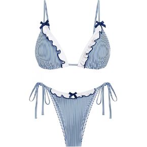 ZAFUL Women's Triangle Bikini Lace Frilled Ruffles Gingham Print Tie Side Spaghetti Strap 2 Pieces Bikini Swimsuit